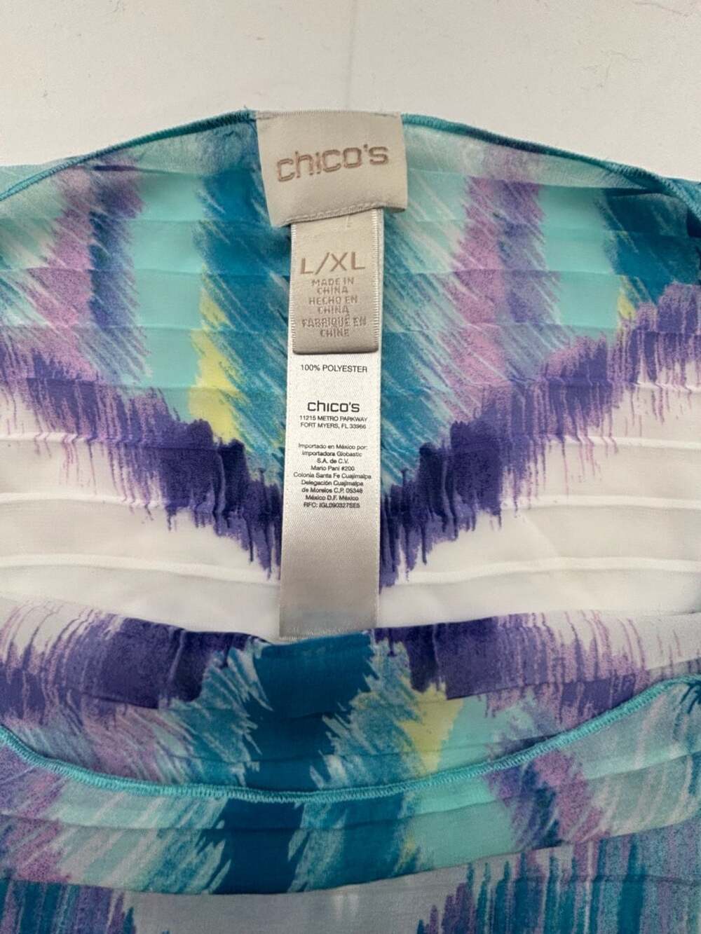Chico's Abstract Ikat Print Pleated Chiffon Poncho Blouse - Picture 10 of 10